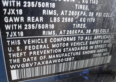 2010 Volkswagen Tiguan Se/Sel из США, поврежденный, VIN WVGBV7AX8AW001387